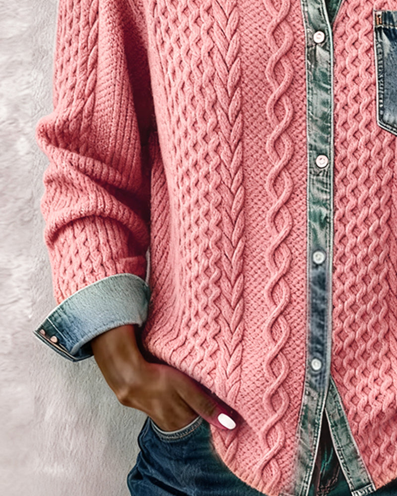 Casual chic pink cable pattern long sleeve blouse with front buttons, elegant women's wear.