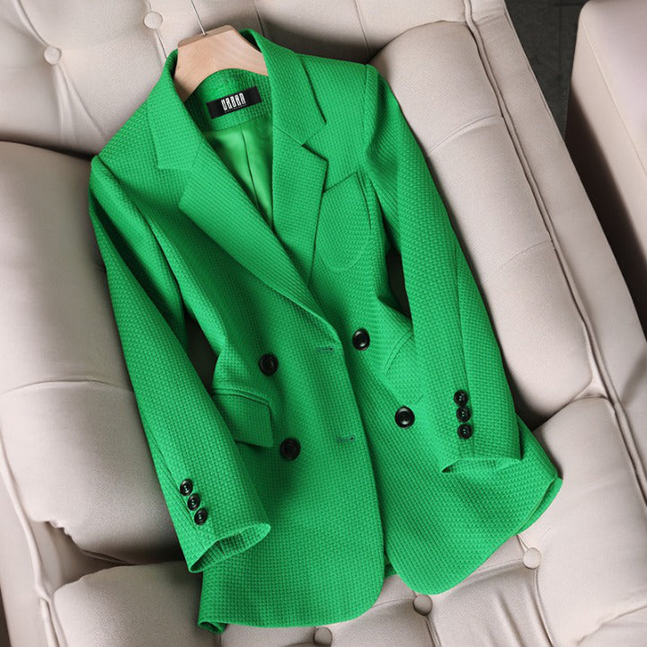 Women's chic checked blazer, perfect for elegant autumn office wear. Professional long sleeve jacket.
