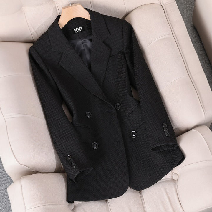 Long sleeve women's checked blazer, a sophisticated choice for elegant autumn office and winter wear.