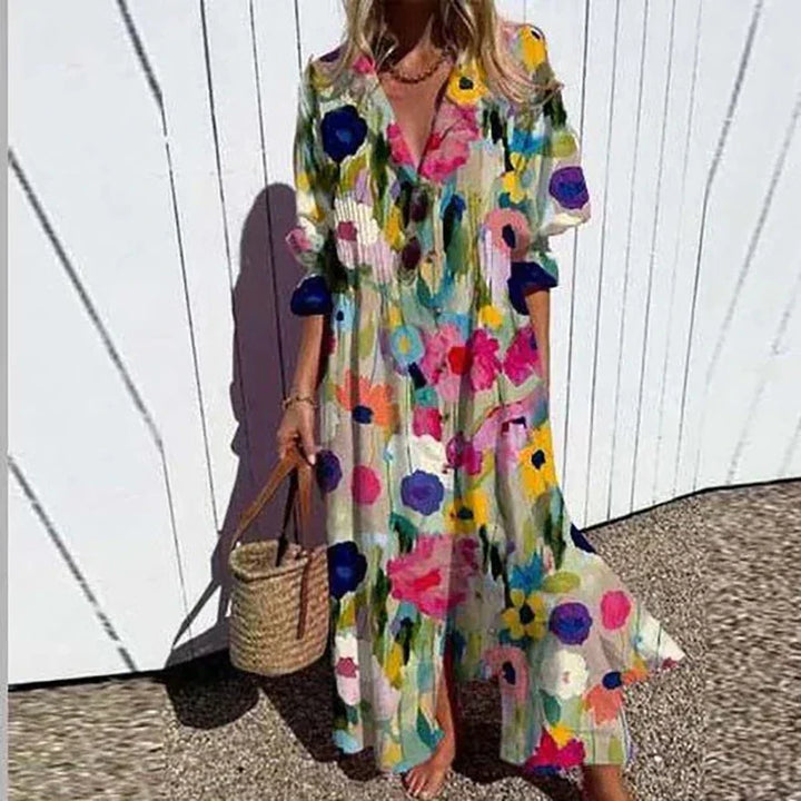 Women's chic collared button-down maxi dress for summer, loose fit and elegant resort wear.