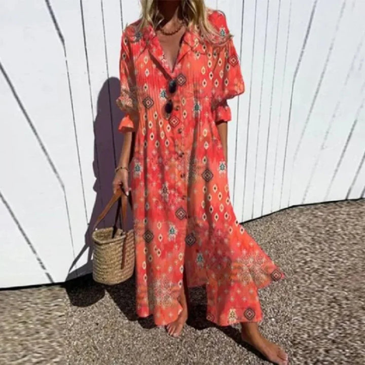 Chic women's button-down maxi dress, collared for an elegant look, great as a summer casual dress.