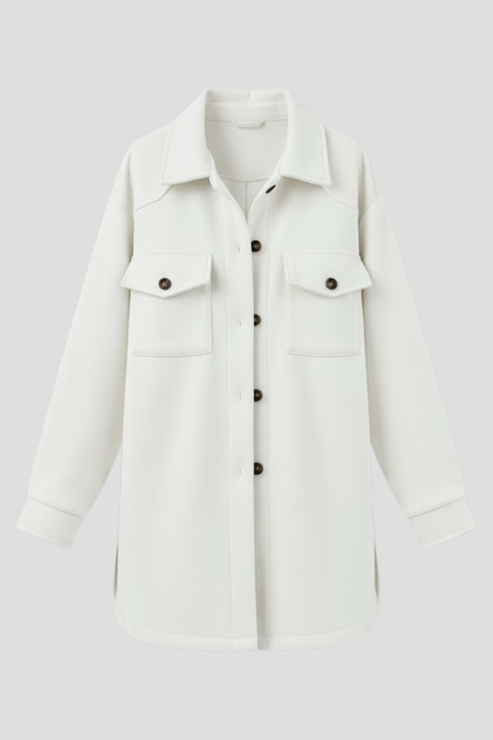 Women's Chic Collared Shirt Jacket. Versatile straight cut outerwear for elegant casual fashion.