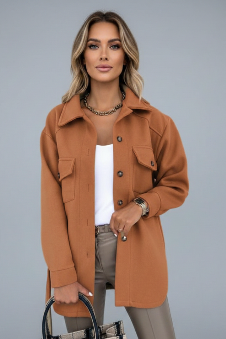 Essential women's straight cut collared shirt jacket. Versatile outerwear, perfect for daily style.