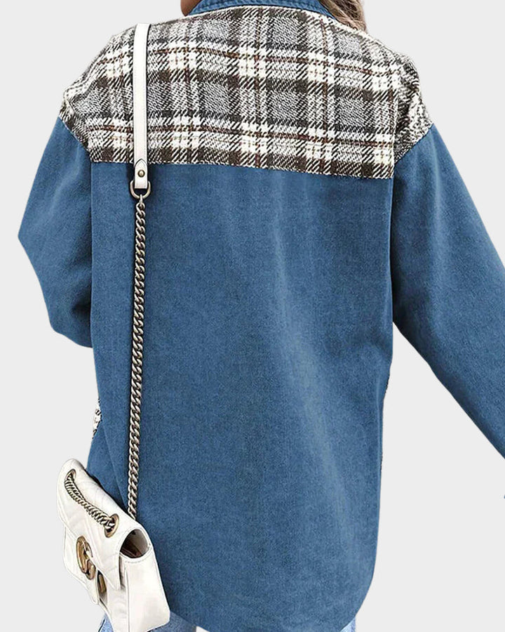 Blue women's denim jacket, a chic & versatile outerwear staple with button-front detail.