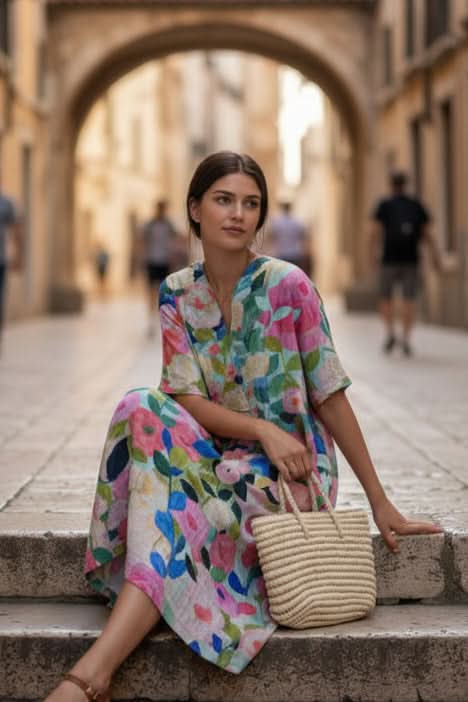 Elegant women's relaxed fit floral midi dress with a flattering V-neck, ideal for comfortable vacation wear.