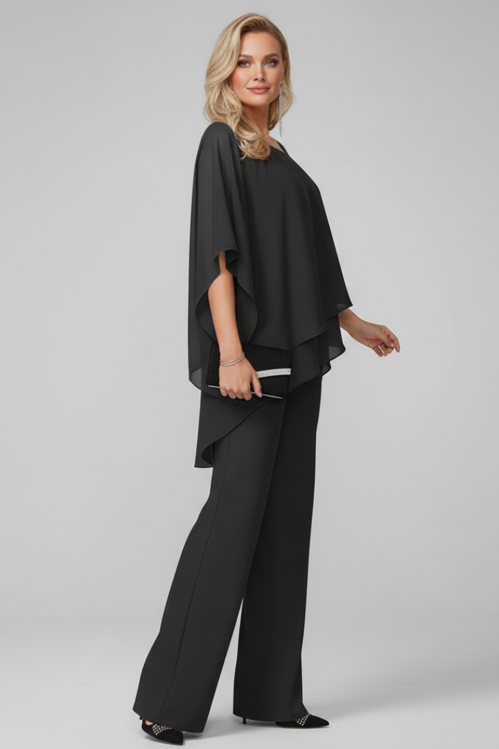 Straight-leg trousers with an elastic waist, paired with a matching off-shoulder top. Versatile dressy casual outfit.