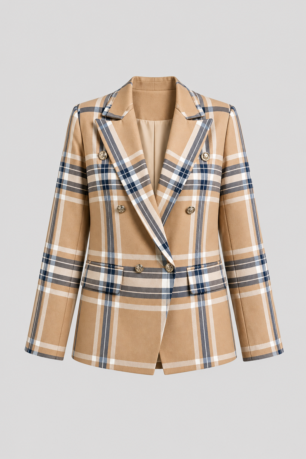 Women's chic plaid double-breasted blazer, long sleeve for professional business casual office wear.