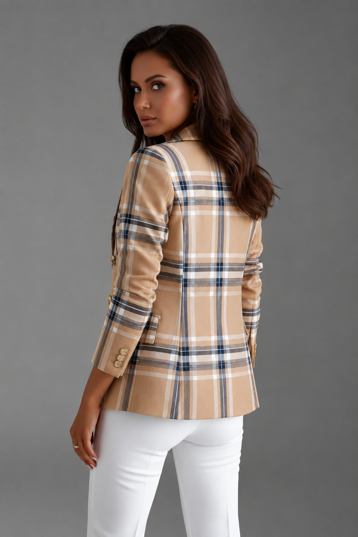 Stylish women's double-breasted plaid blazer with long sleeves, ideal for office, professional, or elegant casual wear.