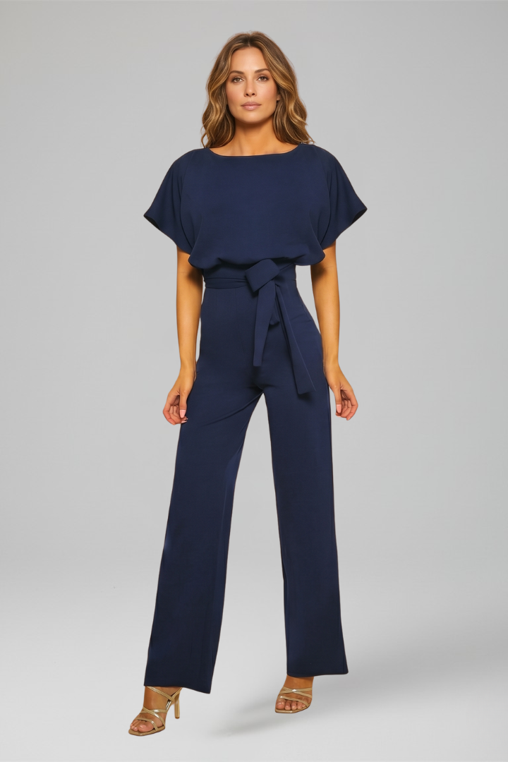 Comfortable women's wide leg jumpsuit with round neck, perfect for chic summer casual wear.