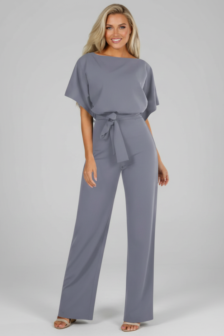 Women's chic short sleeve jumpsuit with adjustable waist tie. Perfect for spring/summer fashion and casual wear.