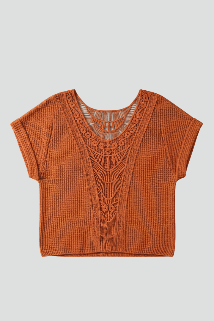 Women's chic short sleeve t-shirt with elegant lace neckline, perfect for casual or dressed-up everyday wear.