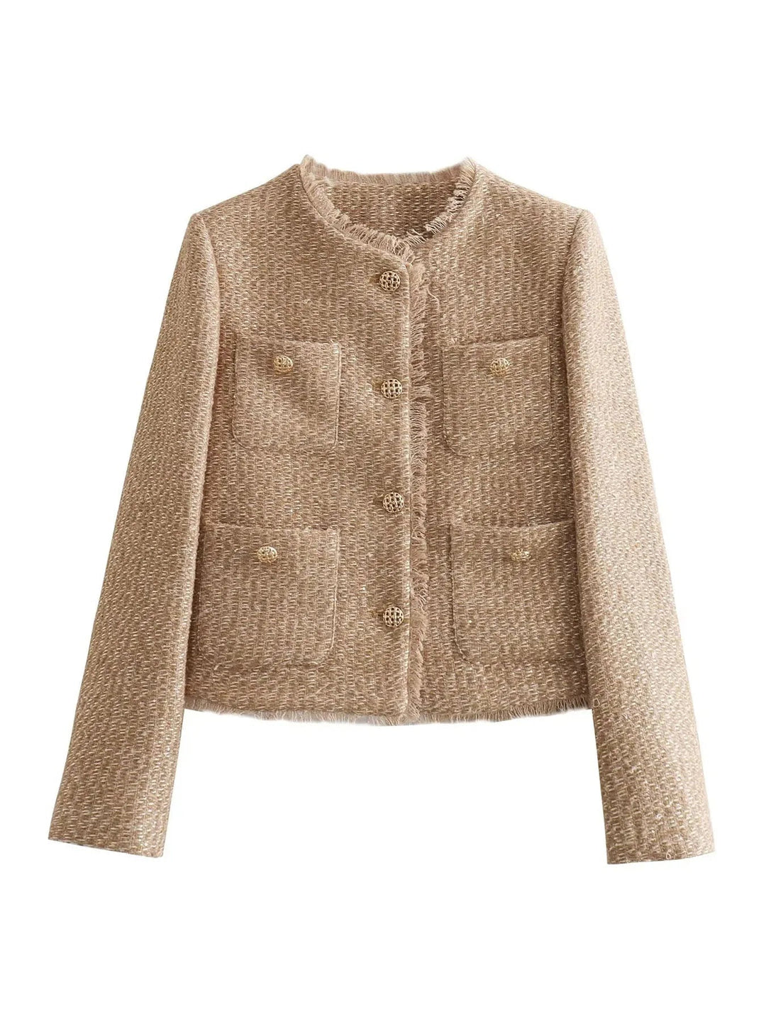 Formal women's tweed jacket, short style with prominent buttons, ideal for elegant outfits.