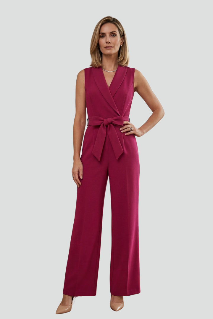 Chic women's sleeveless V-neck jumpsuit with a flattering tie waist & wide leg, perfect for spring fashion.