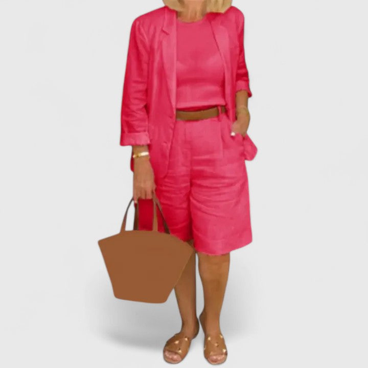 Women's chic summer blazer and Bermuda shorts suit set, perfect for business casual or resort wear.