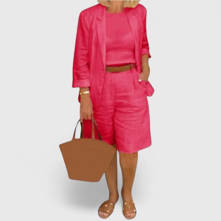 Chic women's blazer & Bermuda shorts two-piece suit, great for summer business casual or resort fashion.