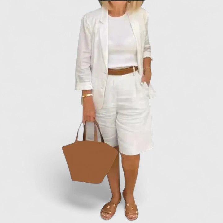 Women's summer blazer and Bermuda shorts suit set, a chic and versatile two-piece ensemble.