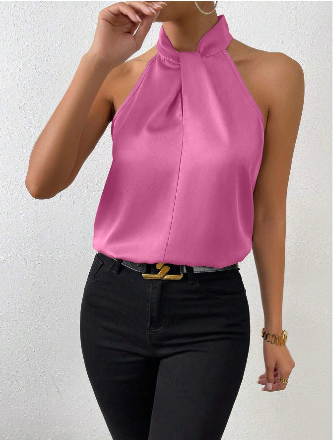 High-fashion women's top with a chic twist knot neck design.