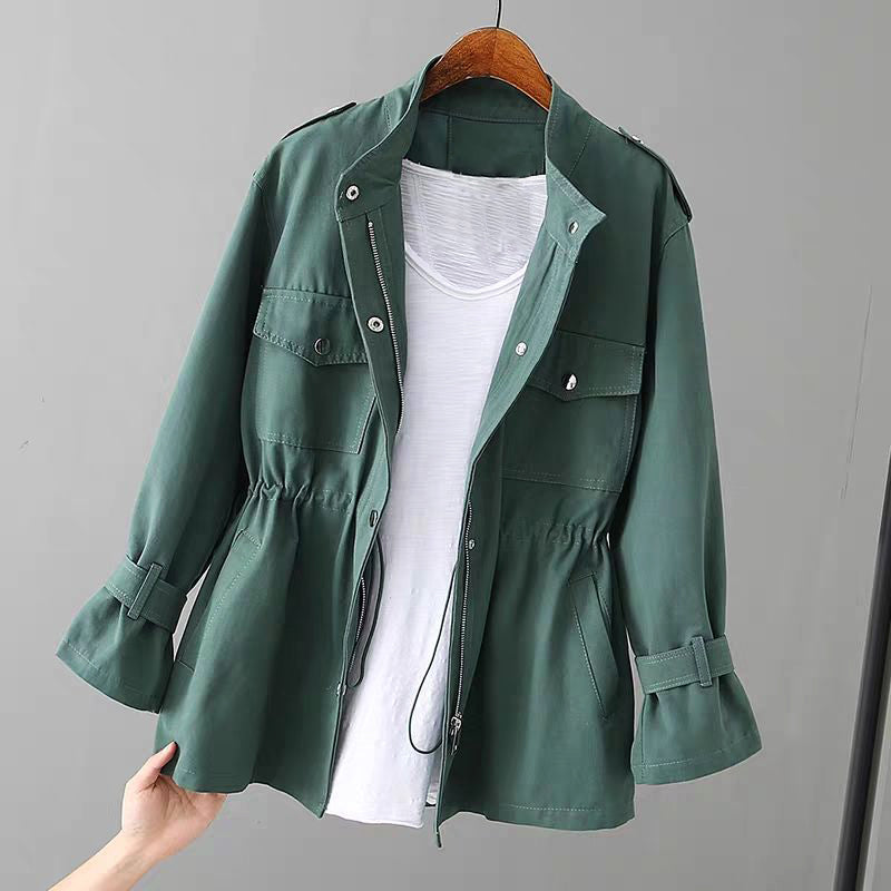 Full view of a fashionable women's utility jacket, great for spring/fall, with a modern zipper design.