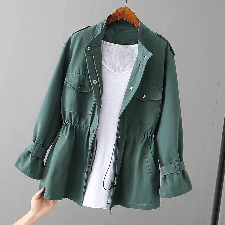Full view of a fashionable women's utility jacket, great for spring/fall, with a modern zipper design.