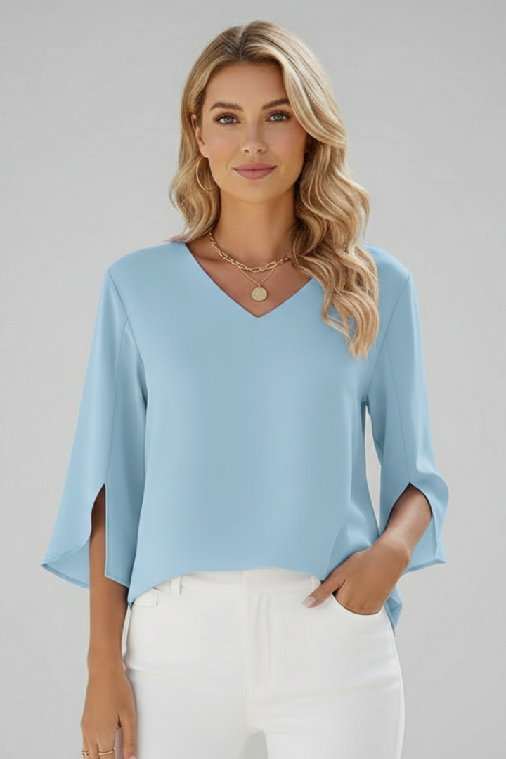 Elegant and simple V-neck short sleeve women's blouse, a timeless top for chic everyday styling.