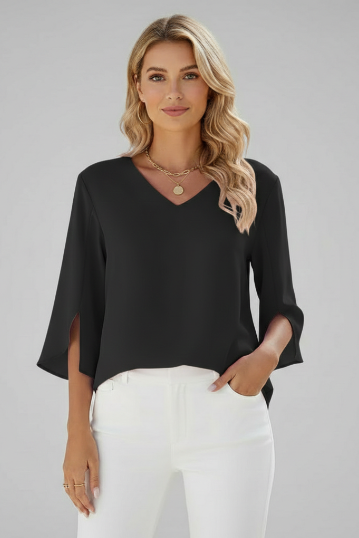 Stylish women's V-neck short sleeve blouse with a modern chest pocket. A chic top for versatile outfits.