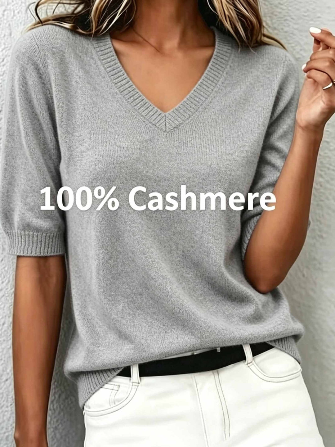 Transitional women's V-neck short-sleeve sweater for comfortable smart casual or everyday chic outfits.