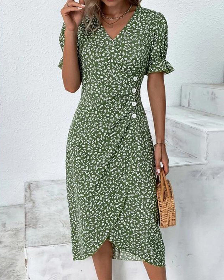 Women's chic V-neck wrap midi dress with short sleeves, perfect for summer casual elegance.