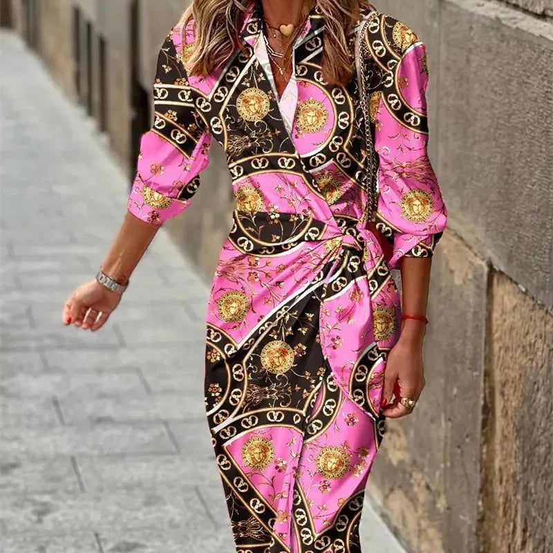 Flattering V-neck wrap midi dress for women. Long sleeve shirt dress design with an adjustable waist.