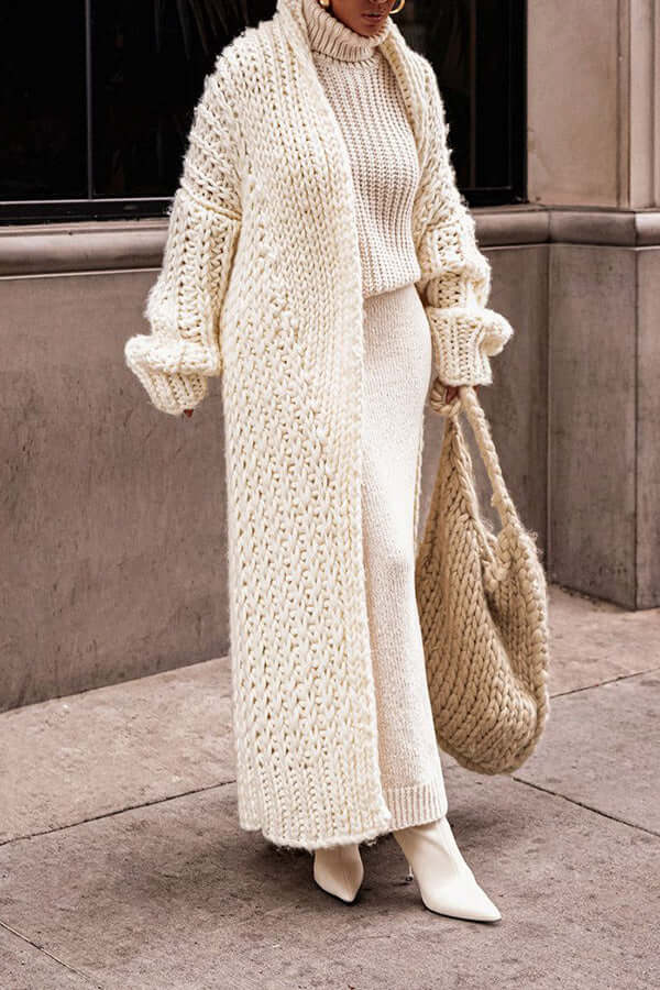 Stylish women's knit cardigan set in a neutral color, perfect for fall and winter fashion