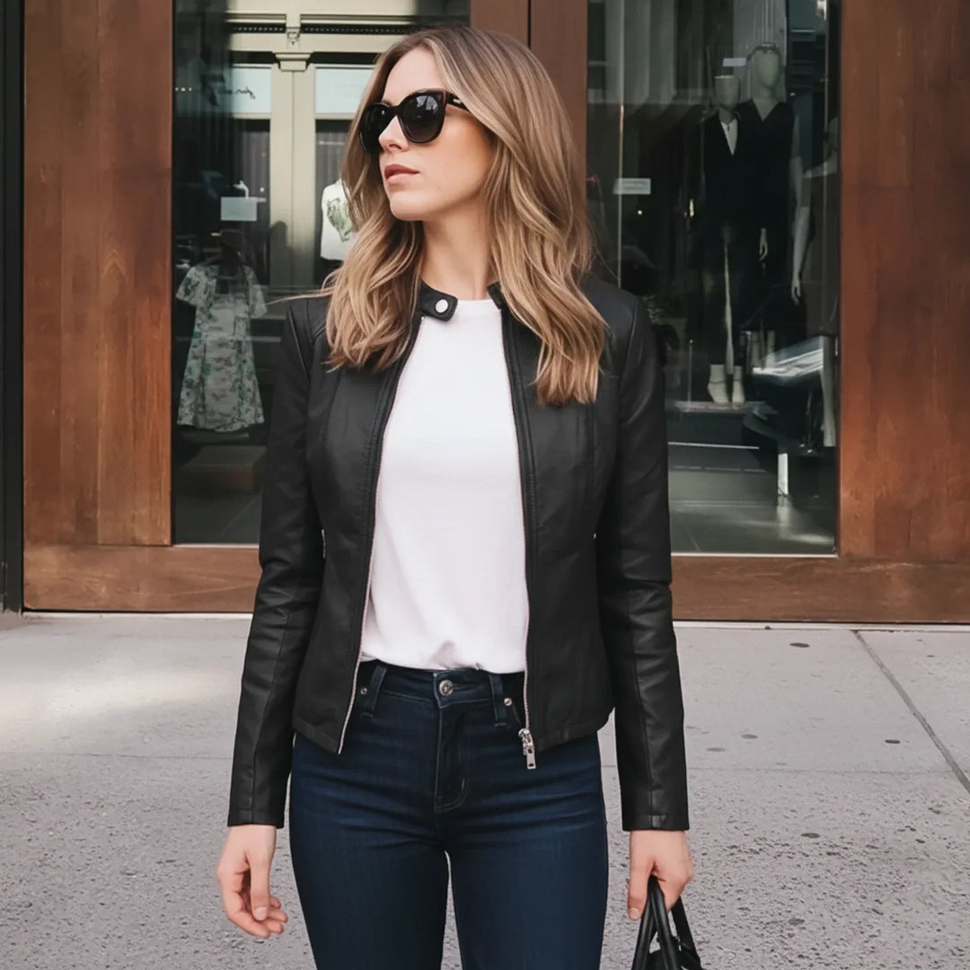 Women's chic zip-up fitted jacket in modern style, perfect for versatile everyday fashion. Elegant collarless design.