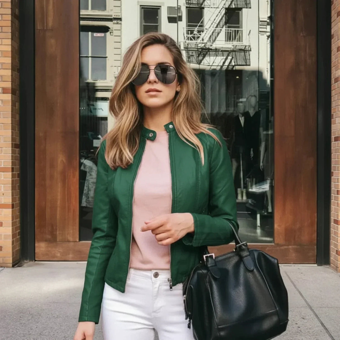 Stylish women's fitted zip-up jacket, showcasing a modern silhouette. Versatile chic outerwear, ideal for everyday.