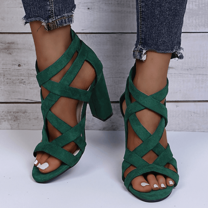 Women's Chunky Heel Crisscross Strappy Shoes, elegant party heels with open toe design