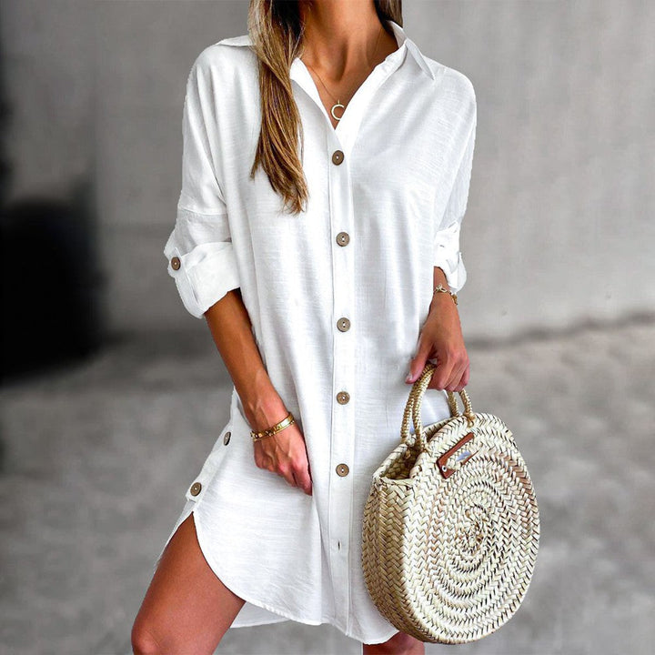 Stylish women's button-up shirt dress, perfect for modern fashion trends & summer outfits.