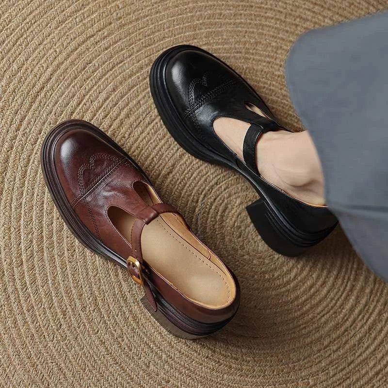 Stylish women's leather T-strap block heels, a classic and comfortable choice for any occasion