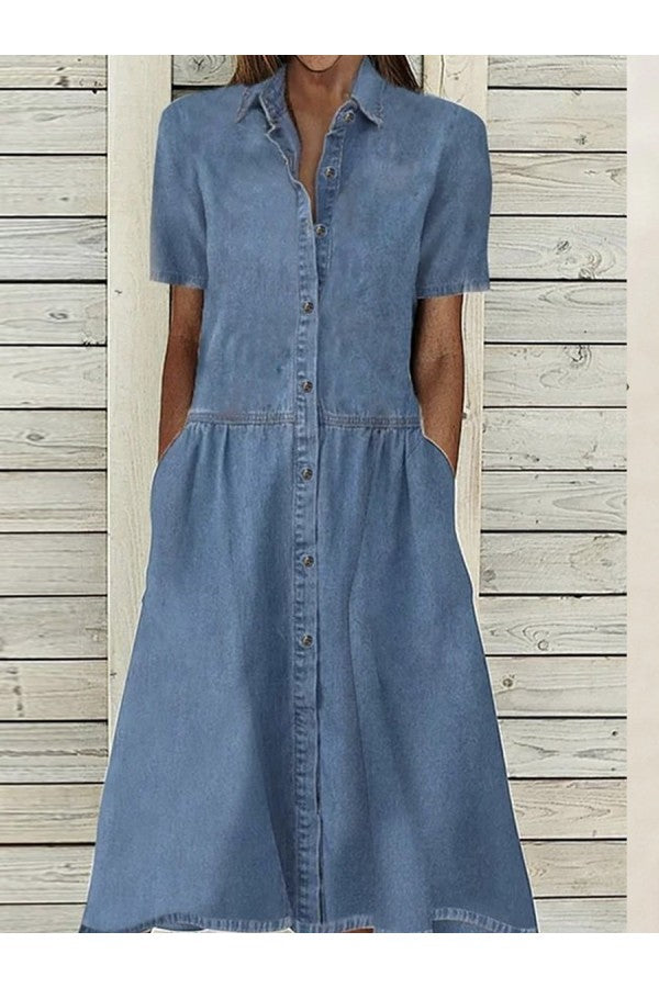 Women's classic blue button-down midi dress with short sleeves and a collar, perfect for spring & summer fashion.