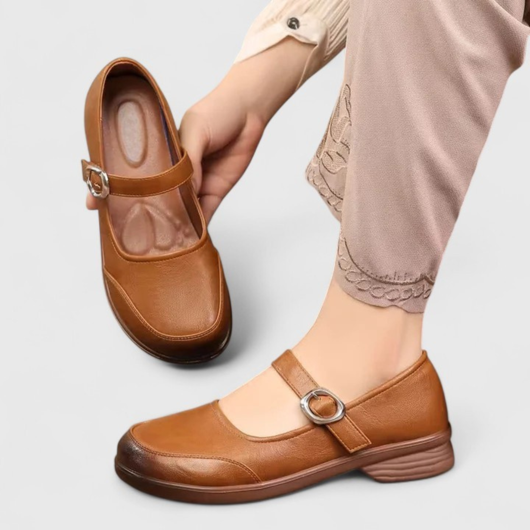 Women's Classic Buckle Spring Comfort Shoes, tan leather upper, side view