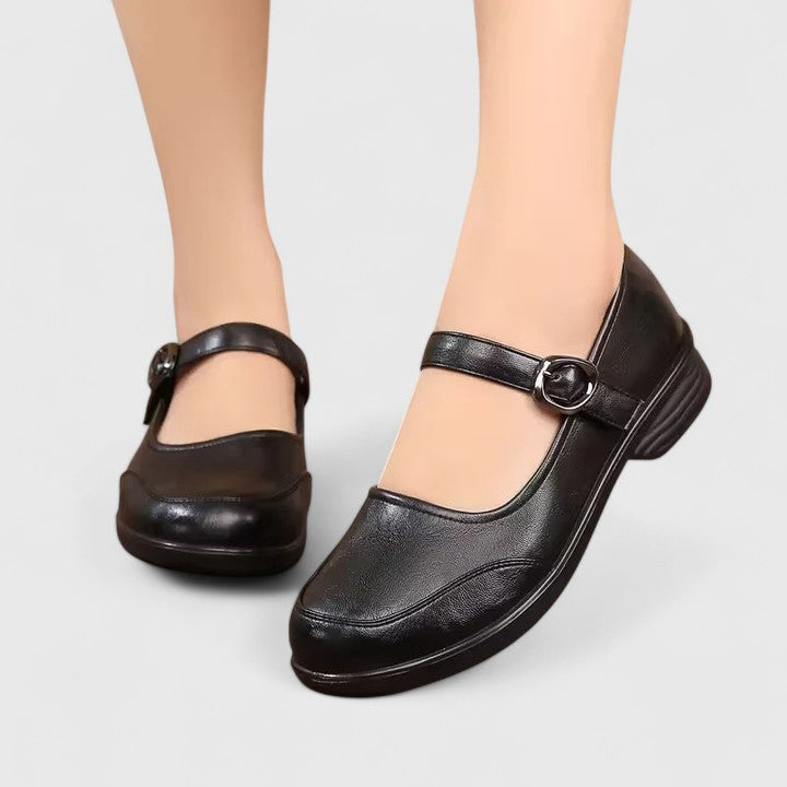 Top-down view of Women's Classic Buckle Spring Comfort Shoes, showing rounded toe