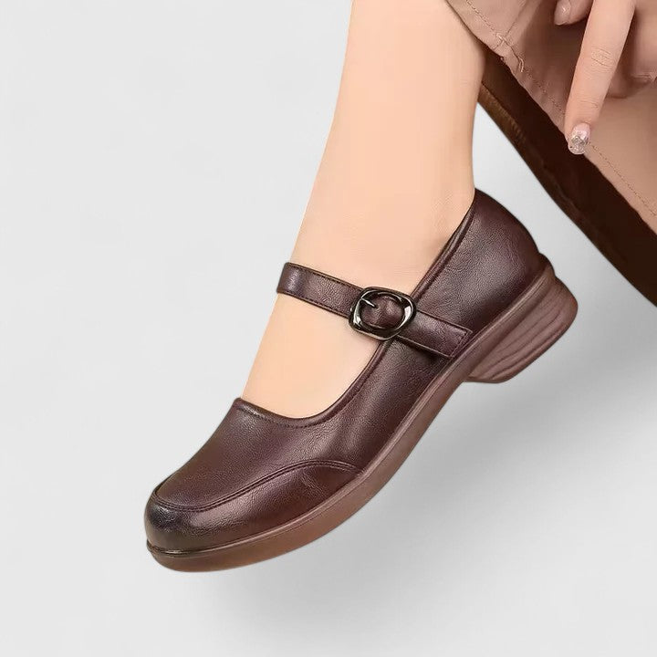 Detailed sole shot of women's comfortable spring buckle shoes, anti-slip design