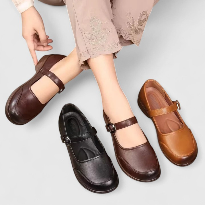 Women's buckle shoes in classic style, worn casually outdoors during spring