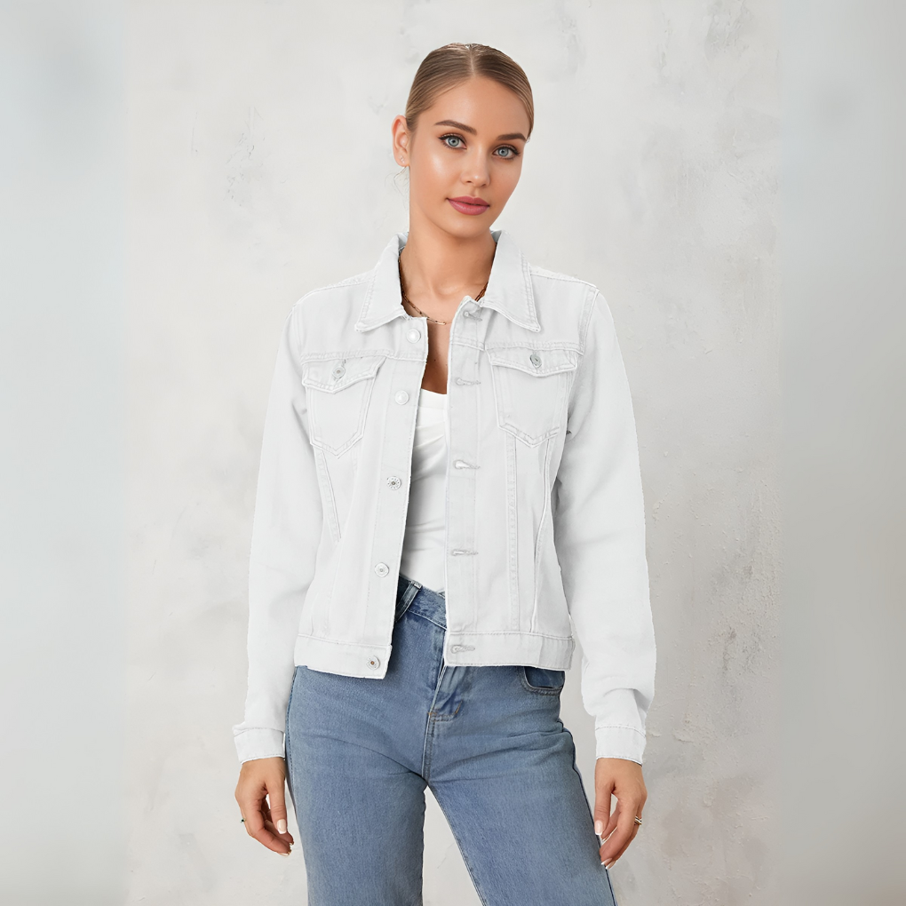 White women's classic button-down jacket, a versatile spring summer essential for effortless style.