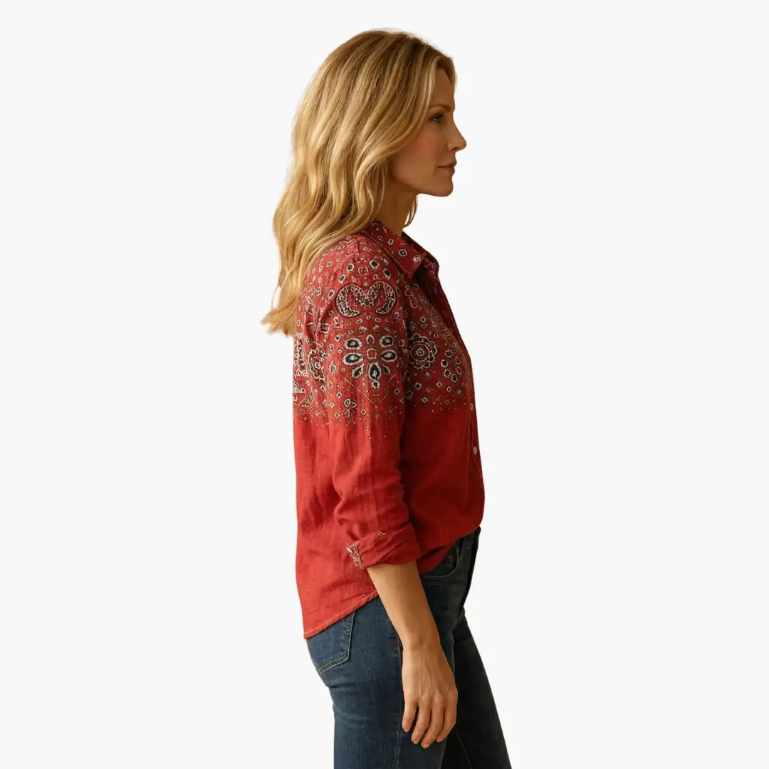 Stylish women's button-down top with long sleeves & classic collar, great for office or casual.