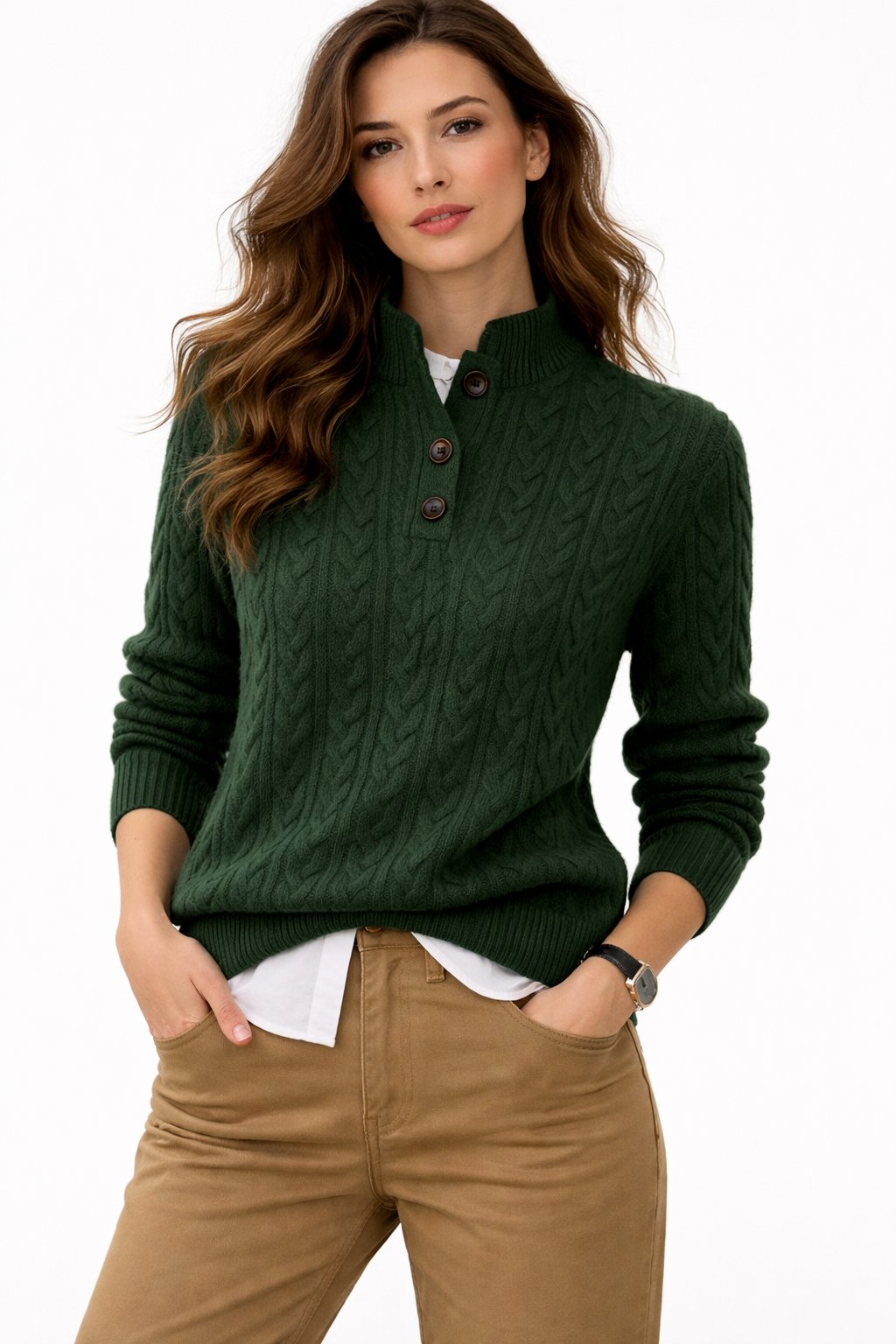 Elegant women's cable knit sweater with button neck. Smart casual long sleeve top for cozy winter fashion.