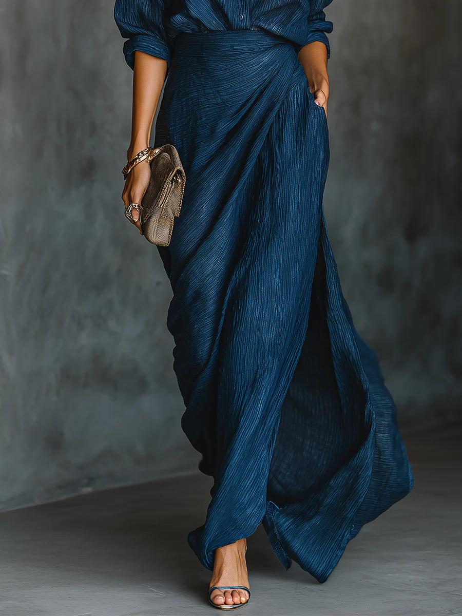 Coordinated dark blue shirt and long skirt set for women. Perfect classic two-piece outfit for versatile and elegant wear.