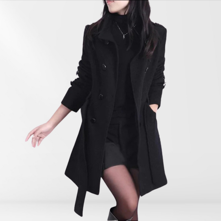 Women's classic double-breasted coat with a stylish belt, perfect for elegant fall and winter fashion.