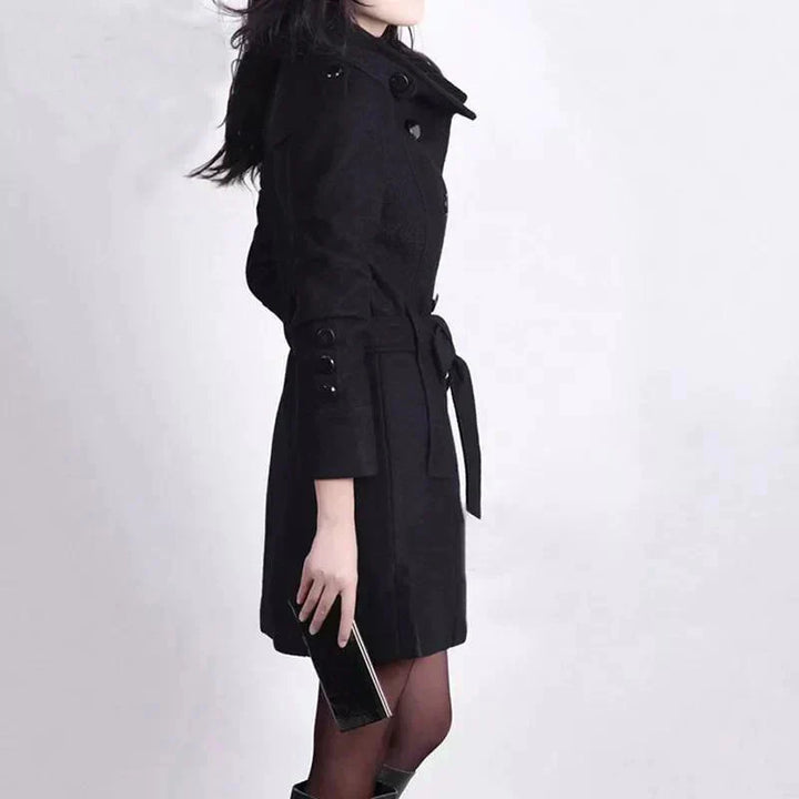 Formal women's double-breasted coat with belt. Classic long ladies jacket, great for office wear & elegance.
