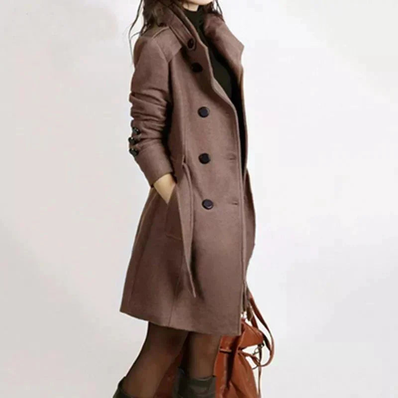 Versatile long women's coat, double-breasted with a chic belt. Perfect fall/winter outerwear for any occasion.
