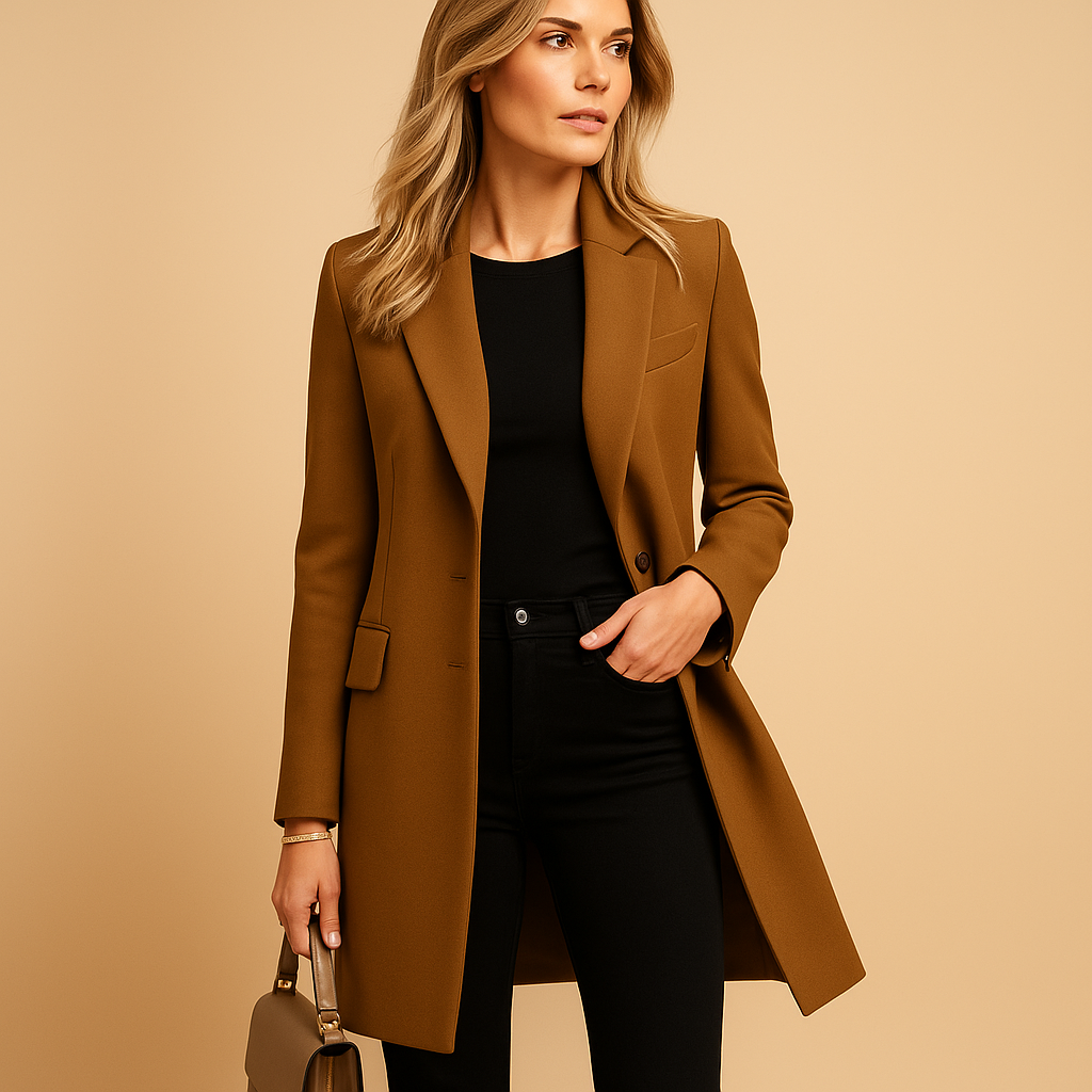 Women's classic double-breasted trench coat with belt, showcasing its elegant design. Perfect for spring & fall outerwear.