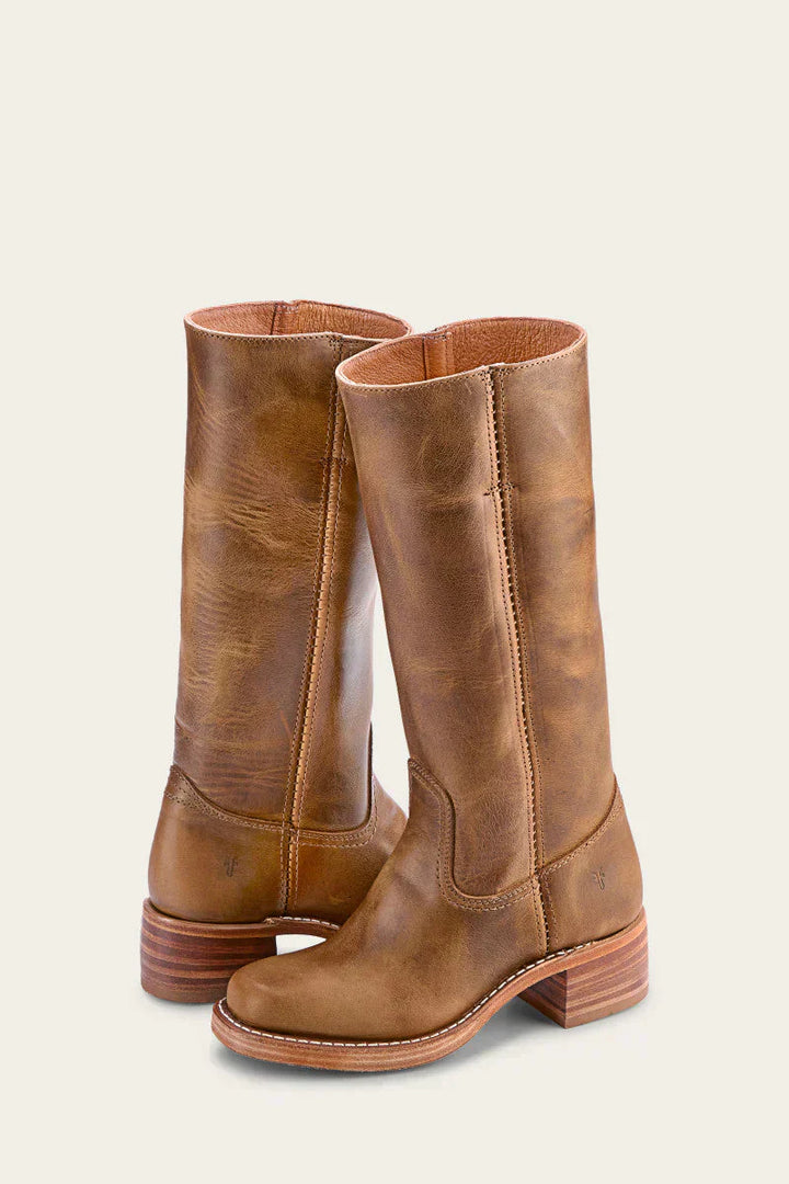Side profile of women's comfortable mid-calf western boots showing stacked heel.