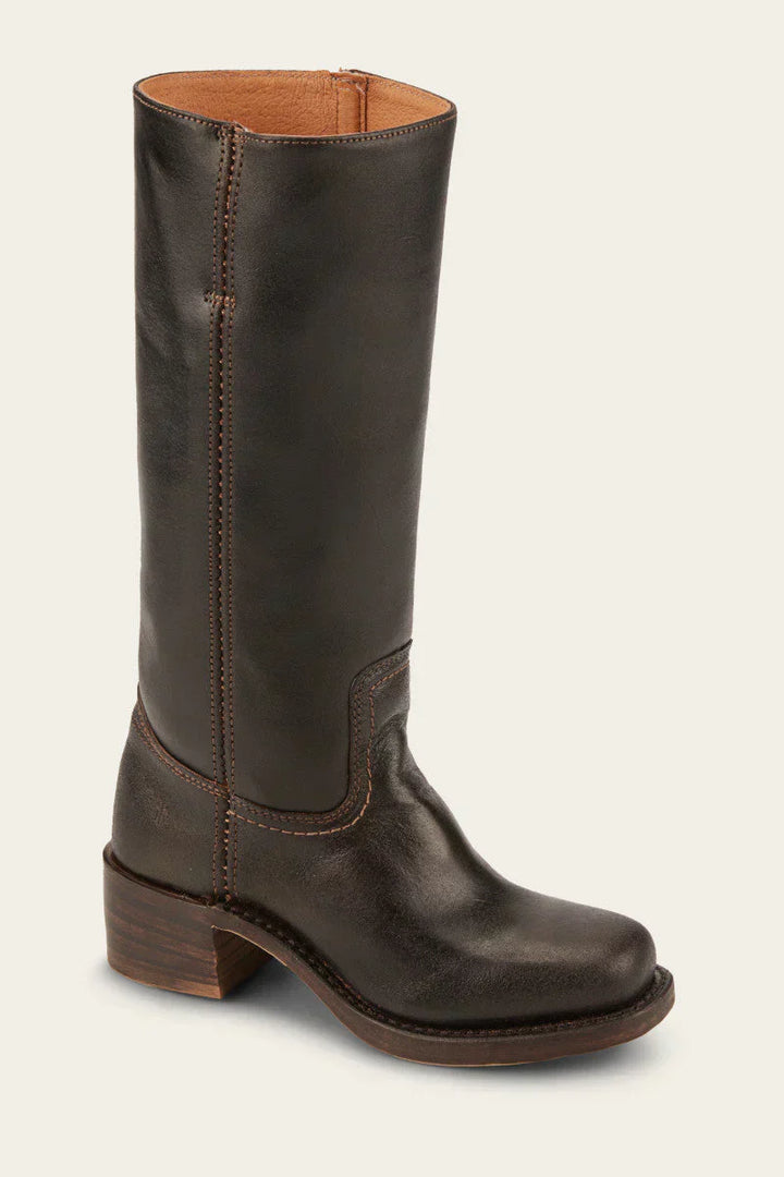 Stylish women's mid-calf western boots with a classic silhouette and stacked heel.