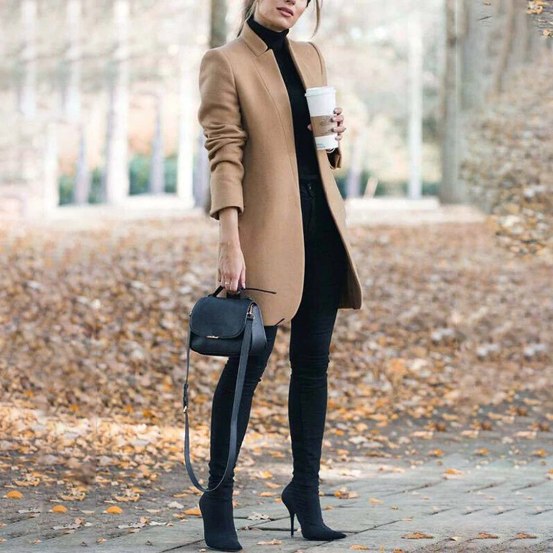Women's classic tailored winter coat in khaki with a sophisticated lapel design, perfect for elegant outerwear.